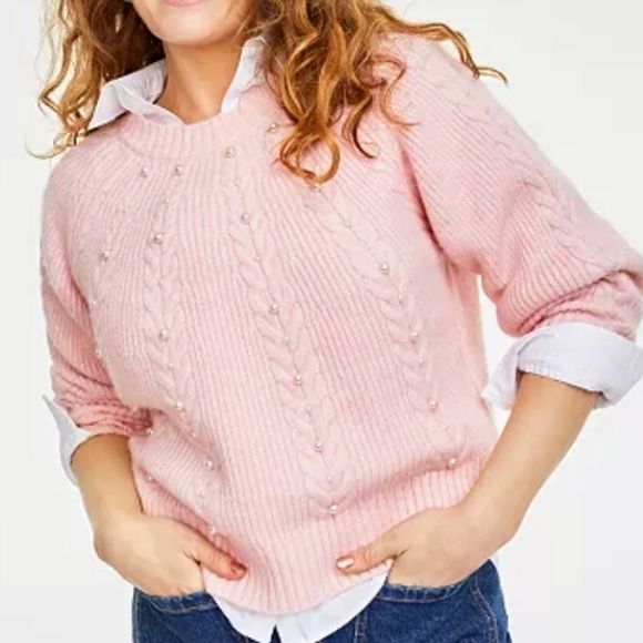 Pink Imitation-Pearl Embellished Crewneck Sweater - Picture 1 of 11